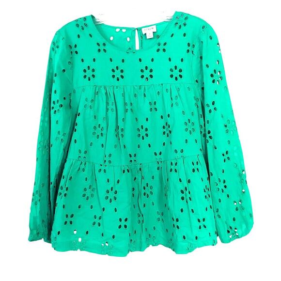 ☆☆SOLD☆☆ J. Crew Kelly Green Eyelet Tiered Popover Long Sleeve Baby Doll Top - Picture 6 of 6